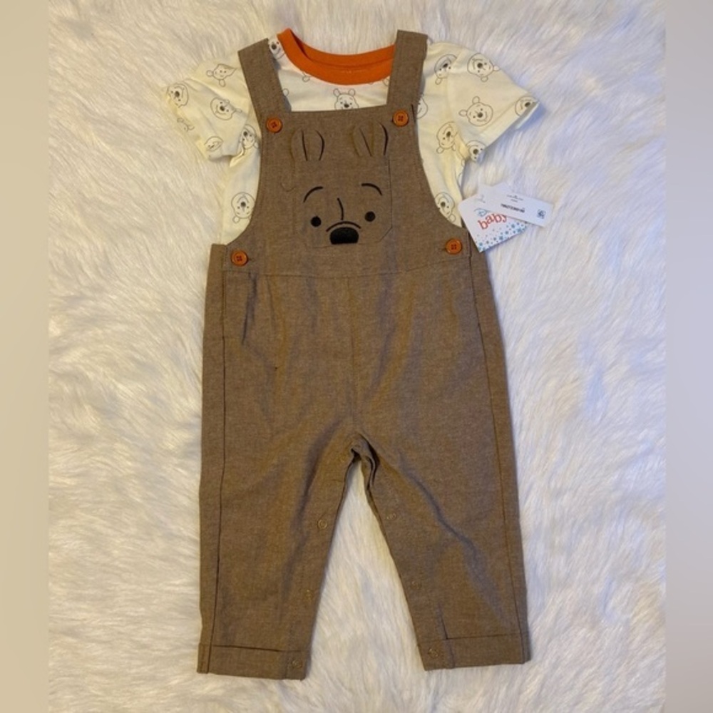 Disney Baby Pooh Overall Outfit Boys Size 18 Months Brown Two Piece Set